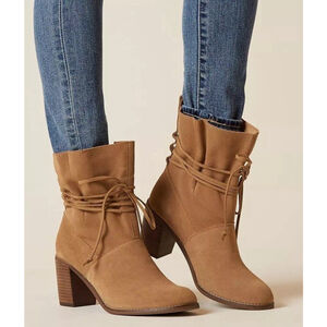 TOMS Brown Toffee Tie-up Leather Suede Mila Block Heel Boots 6M